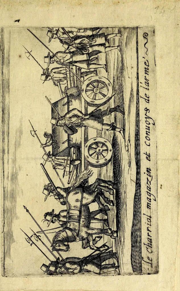 An illustration from Traité de l'exercice militaire : ou est l'instruction des jeux de toutes sortes d'armes, & celuy du drapeau : auec vne methode tres-facile pour faire faire l'exercice aux soldats, & dresser toutes sortes de bataillons : ensemble les deuoirs des generaux d'armée, des majors, capitaines, lieutenans, enseignes, sergens, caporaulx, ansepassades, des soldats, & plusieurs autres discours de l'art militaire, 1650, leaf 161