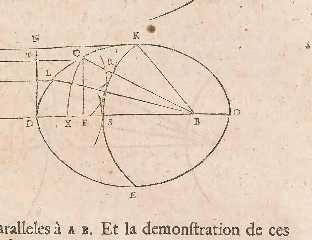An illustration from Traité de la lumière : Où sont expliquées les causes de ce qui lui arrive dans la reflexion, & dans la refraction et particulièrement dans l'étrange réfraction du cristal d'Islande, 1690, leaf 123