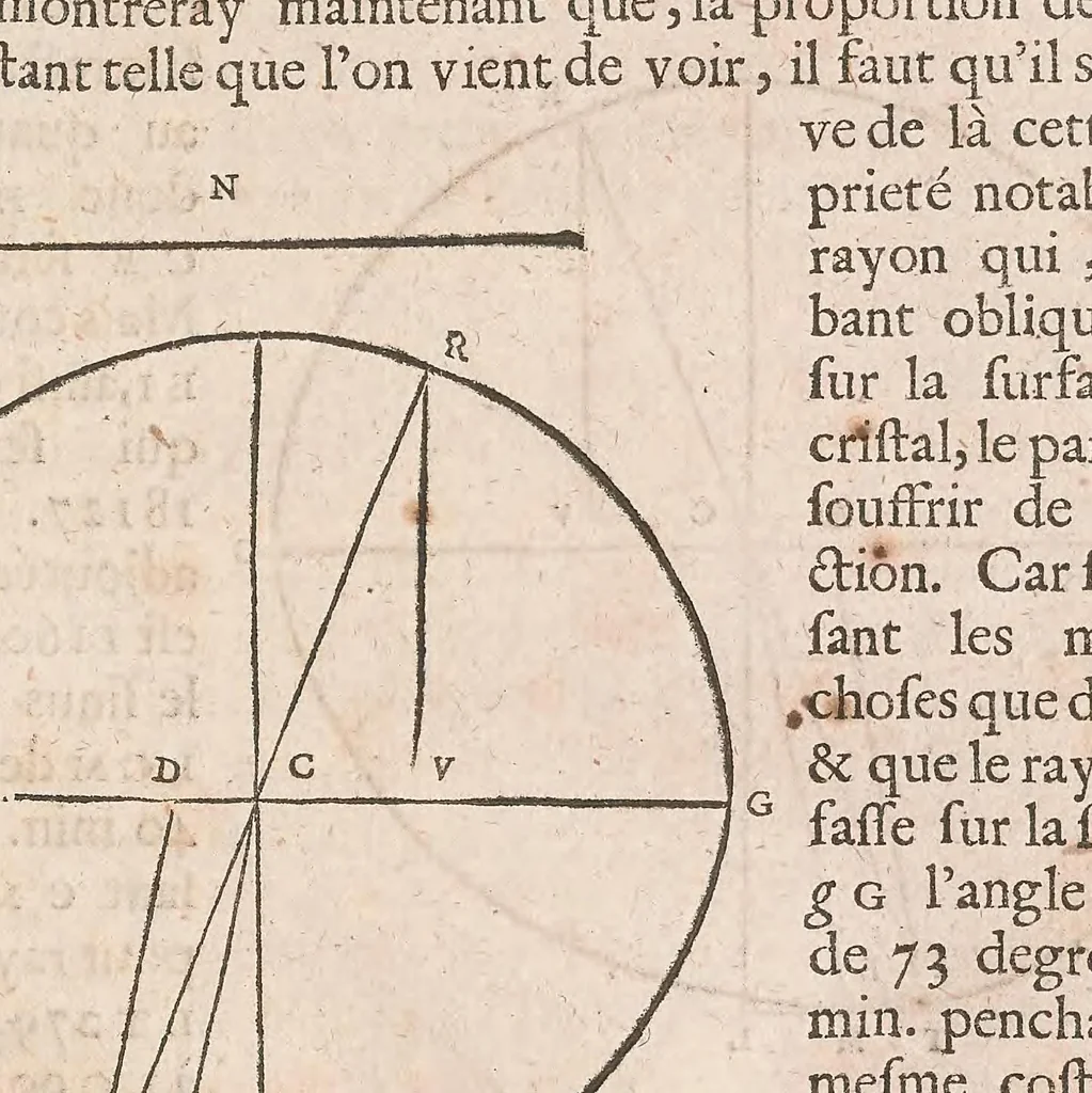 An illustration from Traité de la lumière : Où sont expliquées les causes de ce qui lui arrive dans la reflexion, & dans la refraction et particulièrement dans l'étrange réfraction du cristal d'Islande, 1690, leaf 85