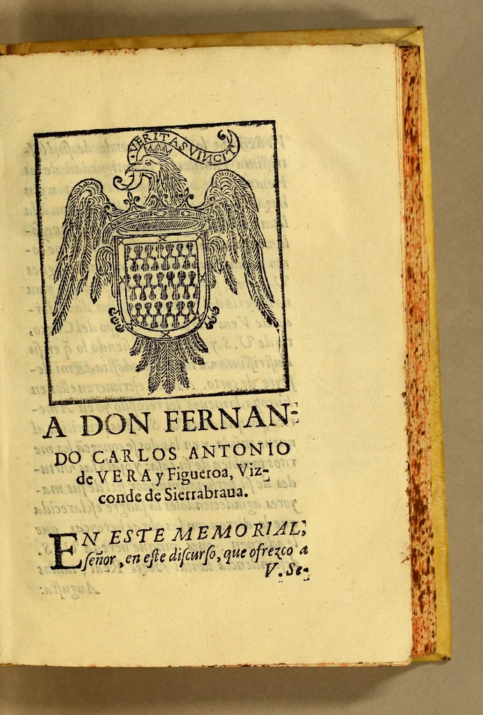 An illustration from Tratado breve de la antiguedad del linaie de Vera, : y memoria de personas señaladas del, que se hallan en historias, y papeles autenticos. Por don Francisco de la Puente presbytero de la diocesis de la gran Ciudad del Cuzco cabeca del Reyno del Pirù, natural de la Ciudad de Burgos en el de Castilla., 1635, leaf 7