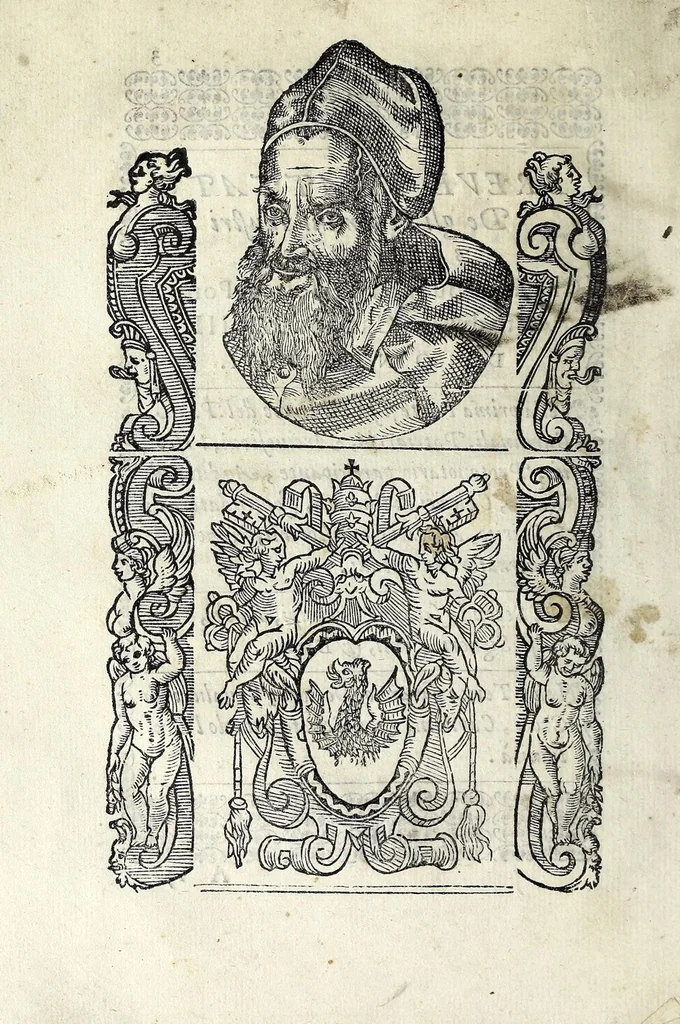 An illustration from Trattato de gli huomini illvstri di Bologna : diviso in tre parti : nella prima parte si contegono i prelati, nella seconda i titolari, & nella terza i dottori, i caualieri, i capitani, et il senato, 1590, leaf 8