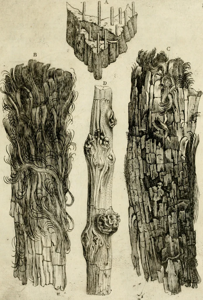 An illustration from Trattato del legno fossile minerale nuouamente scoperto : nel quale breuemente si accenna la varia & mutabil natura di detto legno, rappresentatoui con alcune figure, che mostrano il luogo doue nasce, la diuersità dell'onde che in esso si vedono, e le sue così varie e marauigliose forme, 1637, leaf 34