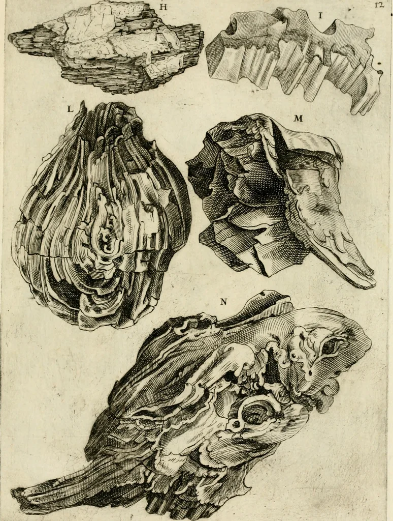 An illustration from Trattato del legno fossile minerale nuouamente scoperto : nel quale breuemente si accenna la varia & mutabil natura di detto legno, rappresentatoui con alcune figure, che mostrano il luogo doue nasce, la diuersità dell'onde che in esso si vedono, e le sue così varie e marauigliose forme, 1637, leaf 38