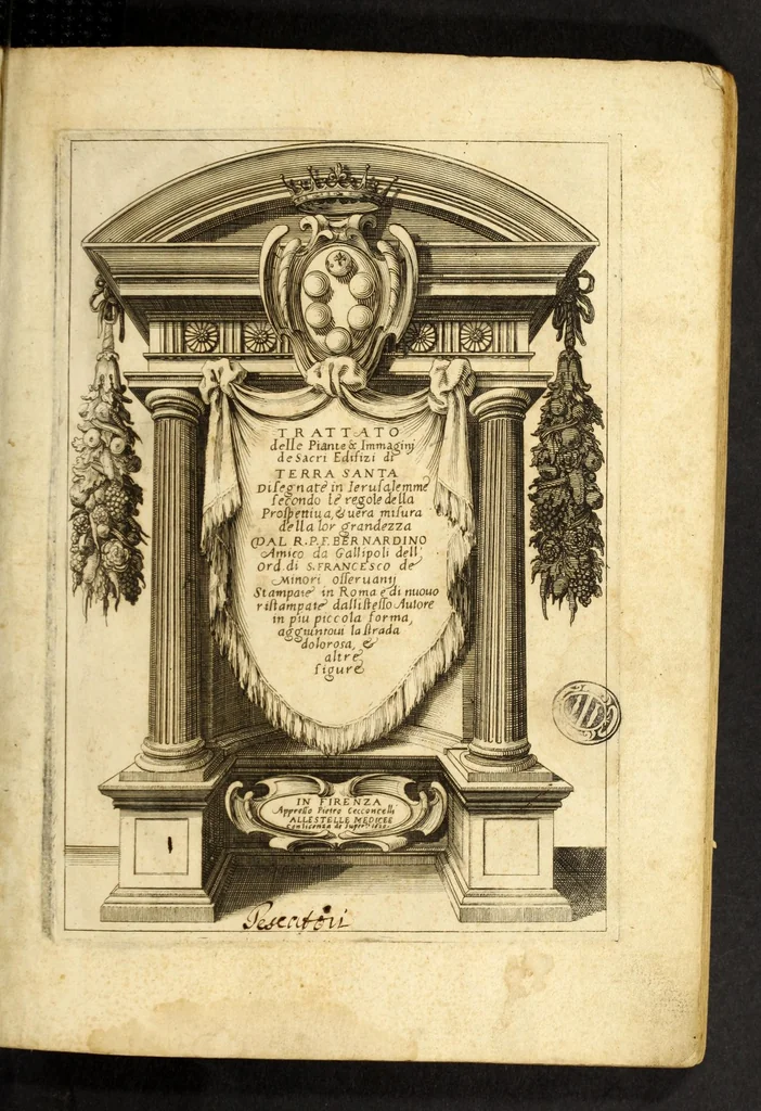 An illustration from Trattato delle piante & immagini de sacri edifizi di Terra Santa : disegnate in Ierusalemme secondo le regole della prospettiua, & uera misura della lor grandezza, 1620, leaf 5