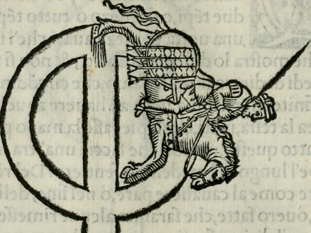 An illustration from Trattato dell'imbrigliare, maneggiare, et ferrare cavalli : diviso in tre parti, con alcvni discorsi sopra la natura di caualli, con disegni di briglie, maneggi, & di caualieri a cauallo, & de ferri d'esso, 1556, leaf 111