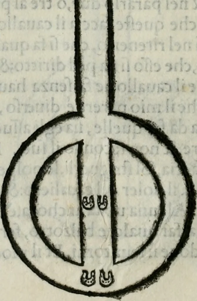 An illustration from Trattato dell'imbrigliare, maneggiare, et ferrare cavalli : diviso in tre parti, con alcvni discorsi sopra la natura di caualli, con disegni di briglie, maneggi, & di caualieri a cauallo, & de ferri d'esso, 1556, leaf 111