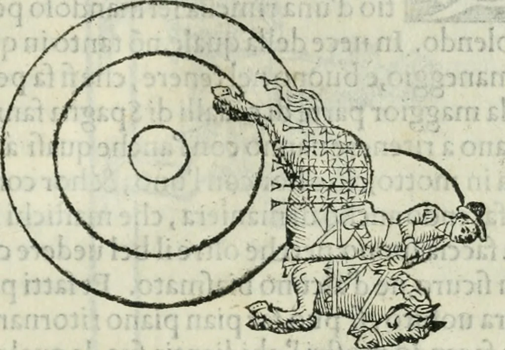 An illustration from Trattato dell'imbrigliare, maneggiare, et ferrare cavalli : diviso in tre parti, con alcvni discorsi sopra la natura di caualli, con disegni di briglie, maneggi, & di caualieri a cauallo, & de ferri d'esso, 1556, leaf 116