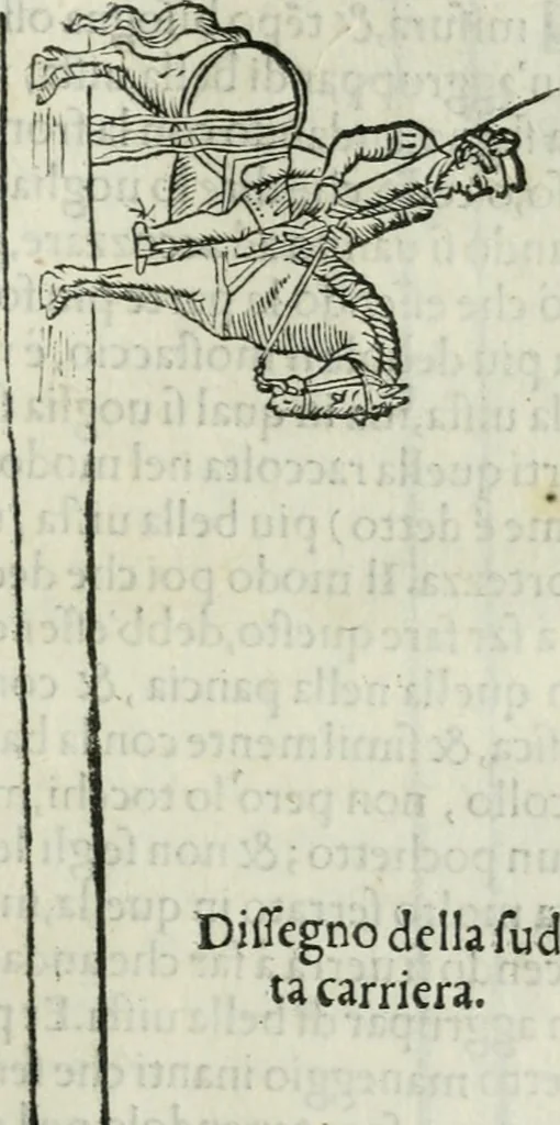 An illustration from Trattato dell'imbrigliare, maneggiare, et ferrare cavalli : diviso in tre parti, con alcvni discorsi sopra la natura di caualli, con disegni di briglie, maneggi, & di caualieri a cauallo, & de ferri d'esso, 1556, leaf 124