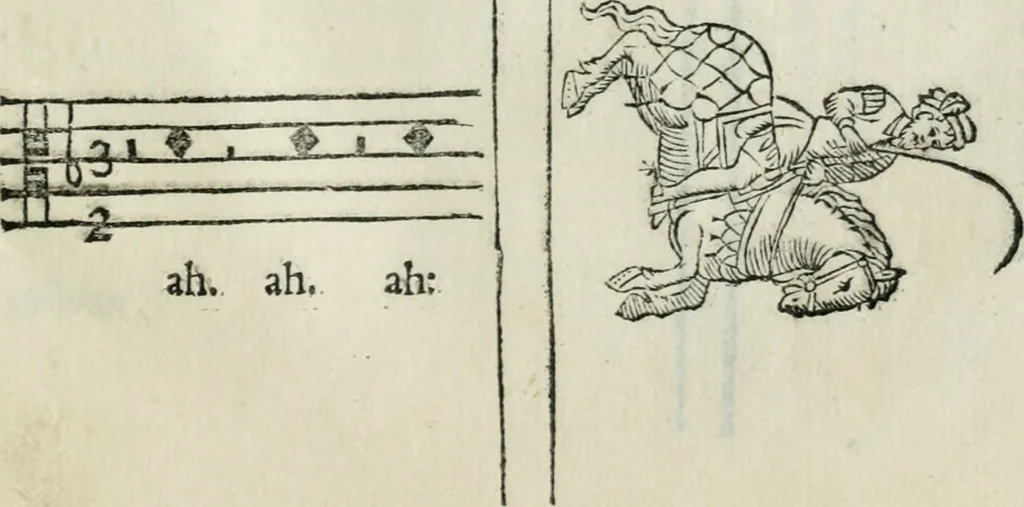 An illustration from Trattato dell'imbrigliare, maneggiare, et ferrare cavalli : diviso in tre parti, con alcvni discorsi sopra la natura di caualli, con disegni di briglie, maneggi, & di caualieri a cauallo, & de ferri d'esso, 1556, leaf 128