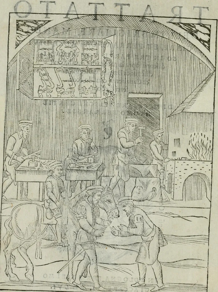 An illustration from Trattato dell'imbrigliare, maneggiare, et ferrare cavalli : diviso in tre parti, con alcvni discorsi sopra la natura di caualli, con disegni di briglie, maneggi, & di caualieri a cauallo, & de ferri d'esso, 1556, leaf 5