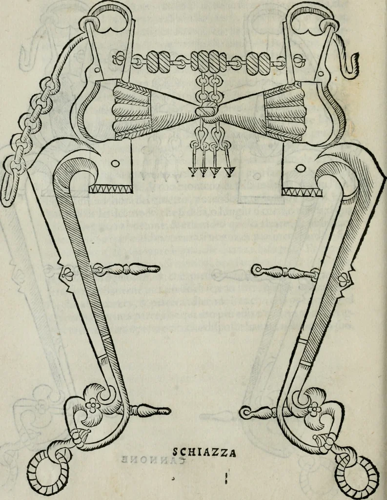 An illustration from Trattato dell'imbrigliare, maneggiare, et ferrare cavalli : diviso in tre parti, con alcvni discorsi sopra la natura di caualli, con disegni di briglie, maneggi, & di caualieri a cauallo, & de ferri d'esso, 1556, leaf 57
