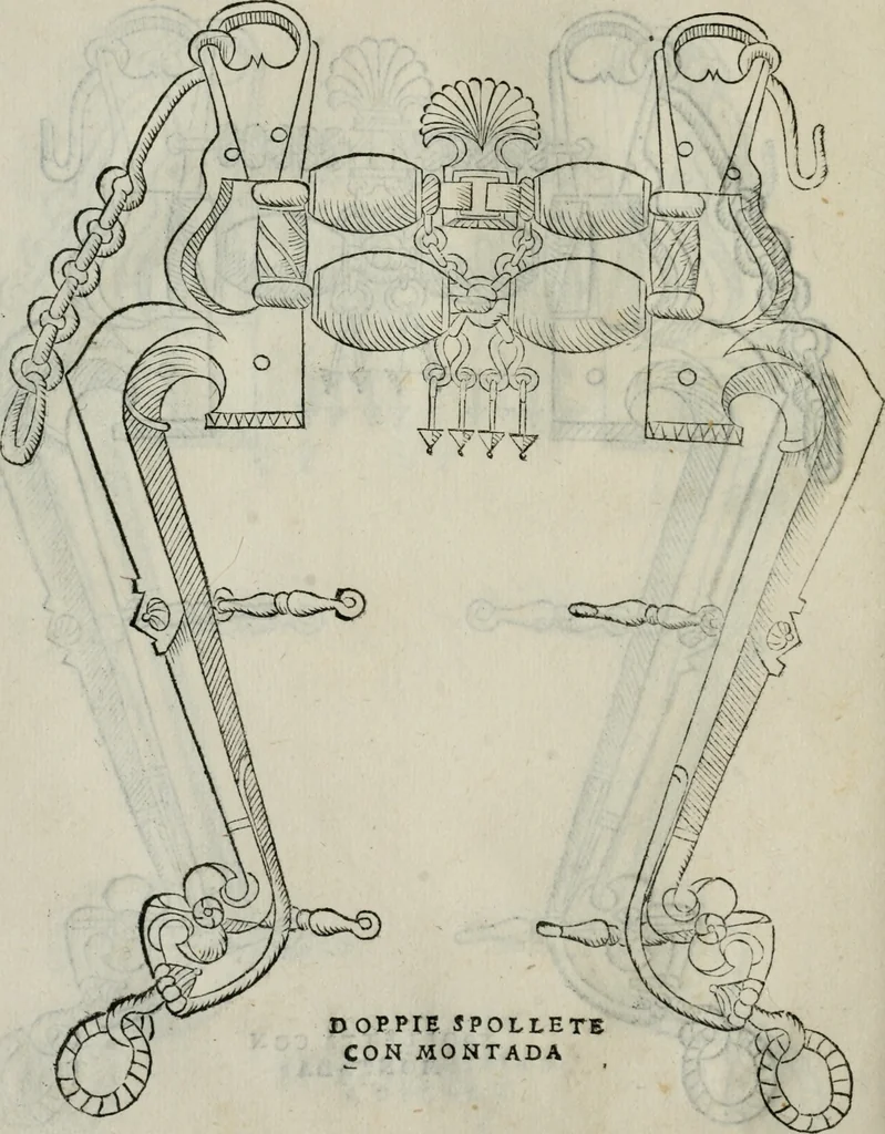 An illustration from Trattato dell'imbrigliare, maneggiare, et ferrare cavalli : diviso in tre parti, con alcvni discorsi sopra la natura di caualli, con disegni di briglie, maneggi, & di caualieri a cauallo, & de ferri d'esso, 1556, leaf 69