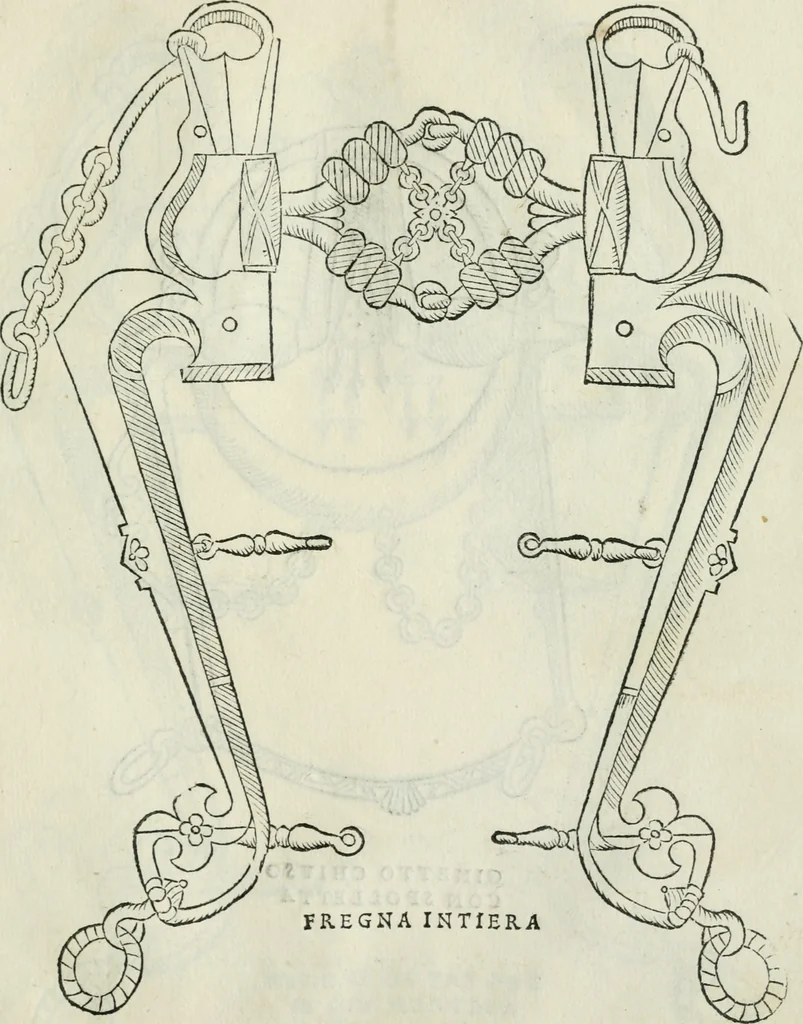 An illustration from Trattato dell'imbrigliare, maneggiare, et ferrare cavalli : diviso in tre parti, con alcvni discorsi sopra la natura di caualli, con disegni di briglie, maneggi, & di caualieri a cauallo, & de ferri d'esso, 1556, leaf 78