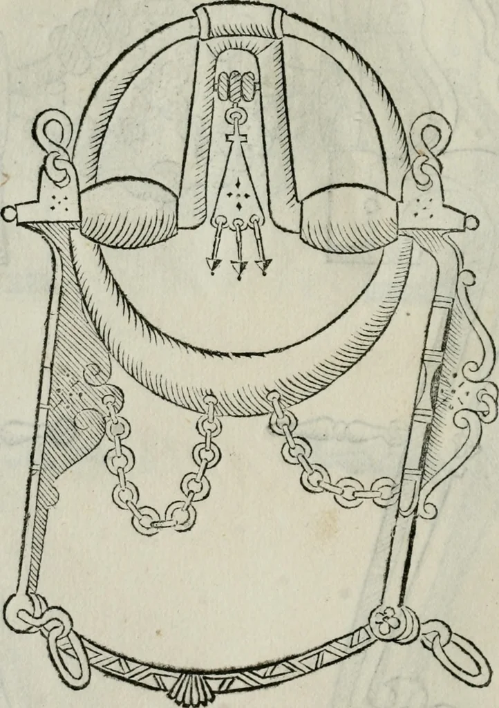 An illustration from Trattato dell'imbrigliare, maneggiare, et ferrare cavalli : diviso in tre parti, con alcvni discorsi sopra la natura di caualli, con disegni di briglie, maneggi, & di caualieri a cauallo, & de ferri d'esso, 1556, leaf 79