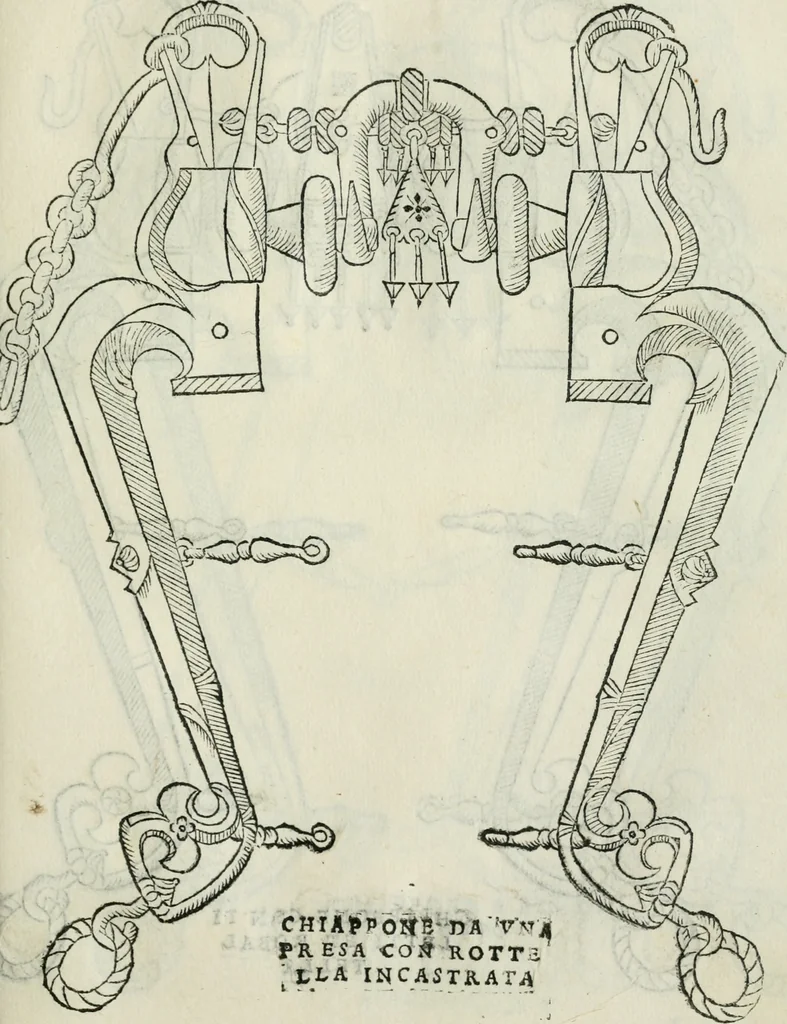An illustration from Trattato dell'imbrigliare, maneggiare, et ferrare cavalli : diviso in tre parti, con alcvni discorsi sopra la natura di caualli, con disegni di briglie, maneggi, & di caualieri a cauallo, & de ferri d'esso, 1556, leaf 82