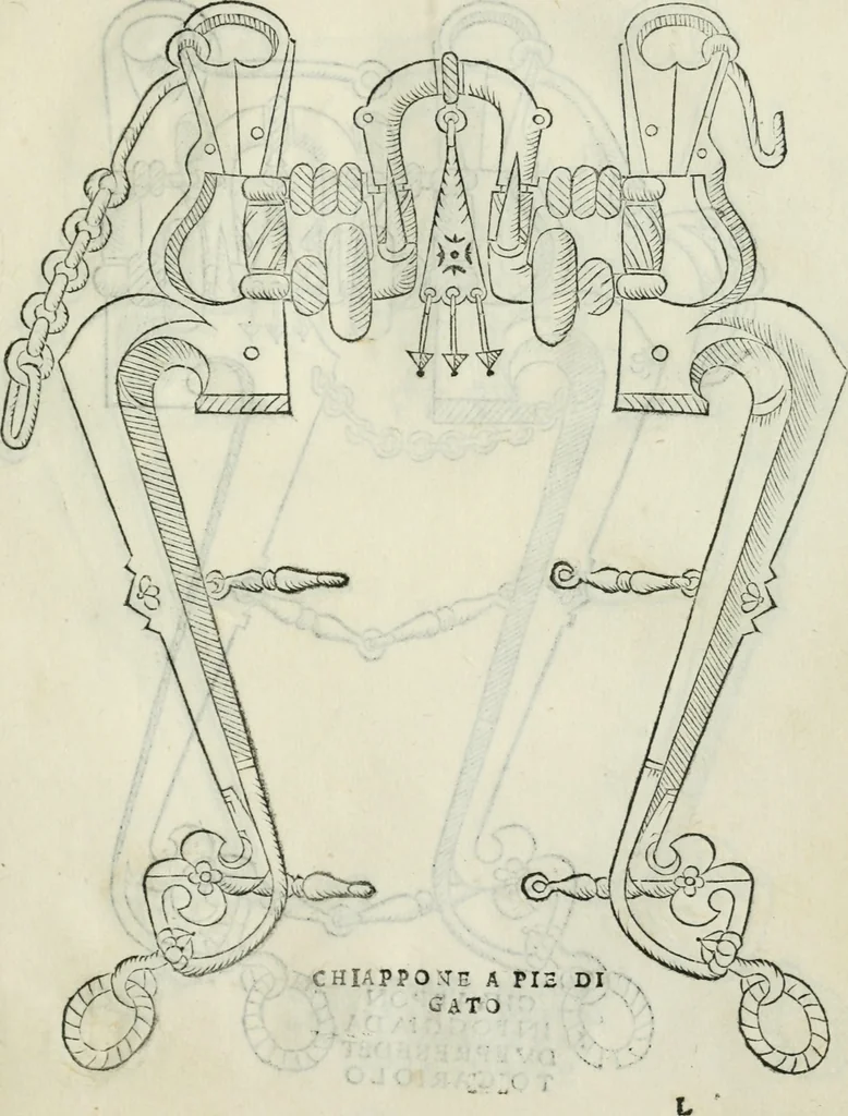 An illustration from Trattato dell'imbrigliare, maneggiare, et ferrare cavalli : diviso in tre parti, con alcvni discorsi sopra la natura di caualli, con disegni di briglie, maneggi, & di caualieri a cauallo, & de ferri d'esso, 1556, leaf 84