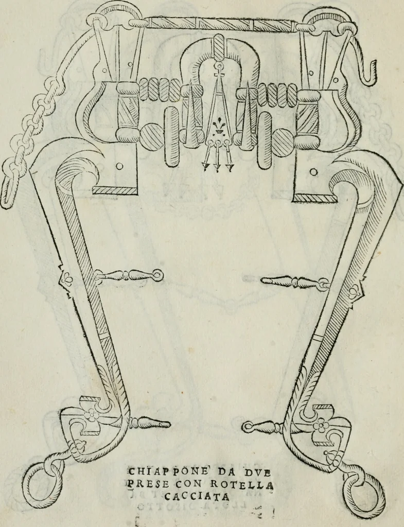 An illustration from Trattato dell'imbrigliare, maneggiare, et ferrare cavalli : diviso in tre parti, con alcvni discorsi sopra la natura di caualli, con disegni di briglie, maneggi, & di caualieri a cauallo, & de ferri d'esso, 1556, leaf 87