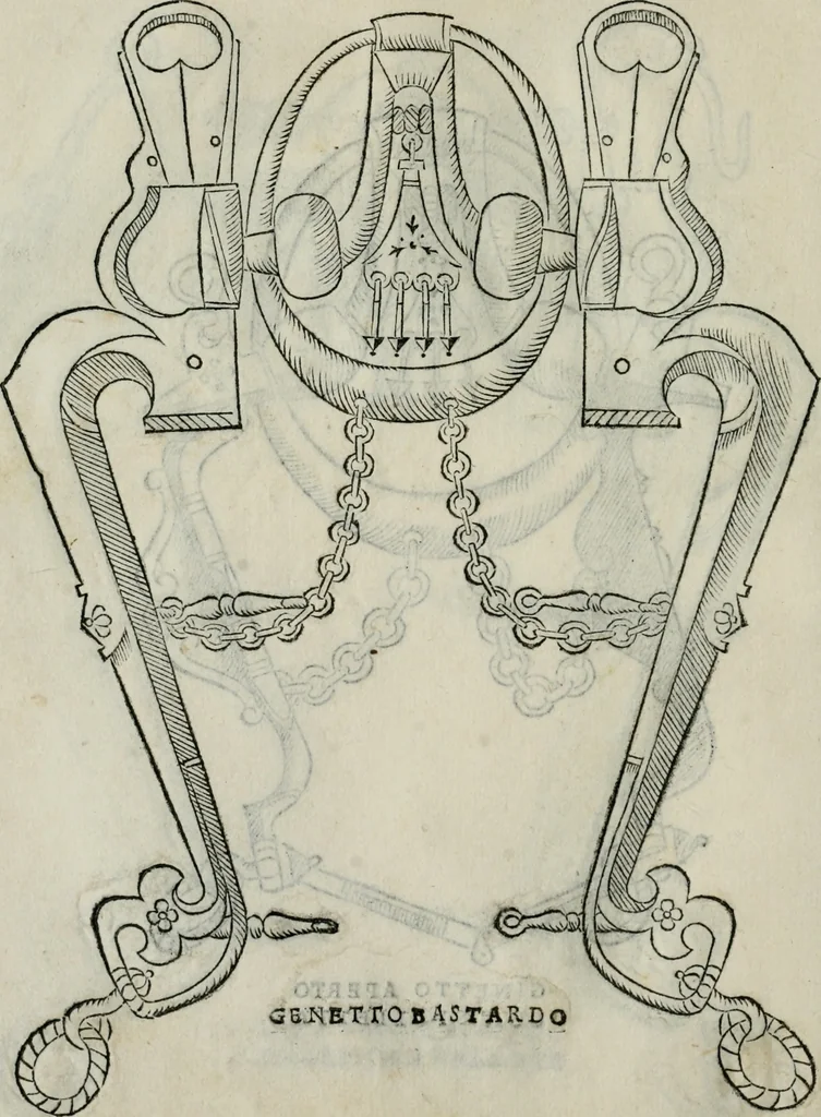 An illustration from Trattato dell'imbrigliare, maneggiare, et ferrare cavalli : diviso in tre parti, con alcvni discorsi sopra la natura di caualli, con disegni di briglie, maneggi, & di caualieri a cauallo, & de ferri d'esso, 1556, leaf 91