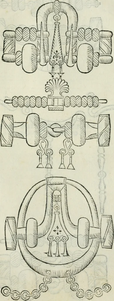 An illustration from Trattato dell'imbrigliare, maneggiare, et ferrare cavalli : diviso in tre parti, con alcvni discorsi sopra la natura di caualli, con disegni di briglie, maneggi, & di caualieri a cauallo, & de ferri d'esso, 1556, leaf 94