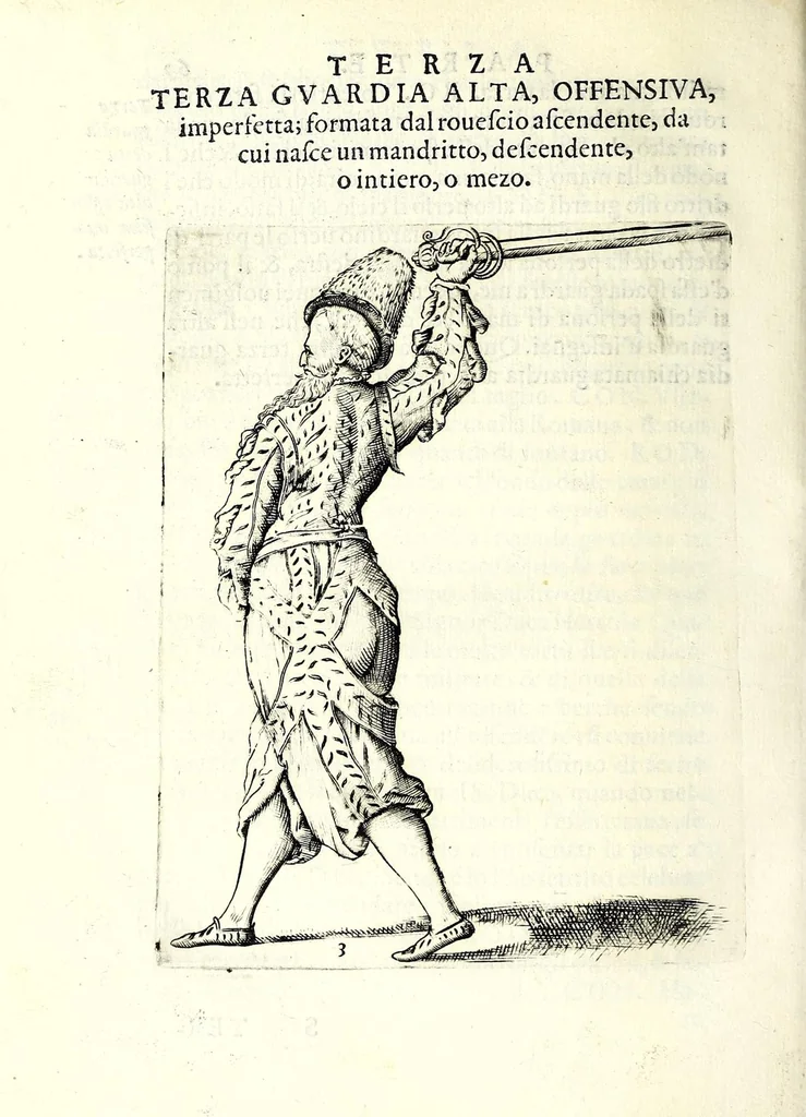 An illustration from Trattato dello schermo d'Angelo Vizani dal Montone bolognese : nel quale discorre intorno all'eccellenza dell'armi, & delle lettere, & intorno all'offesa, & difesa : et insegna vno schermo di spada sola sicuro, e singolare : con vna tauola copiosissma, 1588, leaf 168