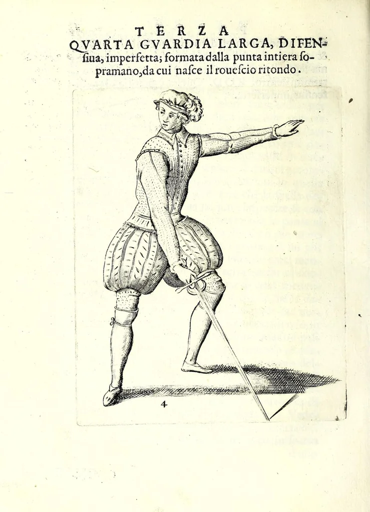 An illustration from Trattato dello schermo d'Angelo Vizani dal Montone bolognese : nel quale discorre intorno all'eccellenza dell'armi, & delle lettere, & intorno all'offesa, & difesa : et insegna vno schermo di spada sola sicuro, e singolare : con vna tauola copiosissma, 1588, leaf 172