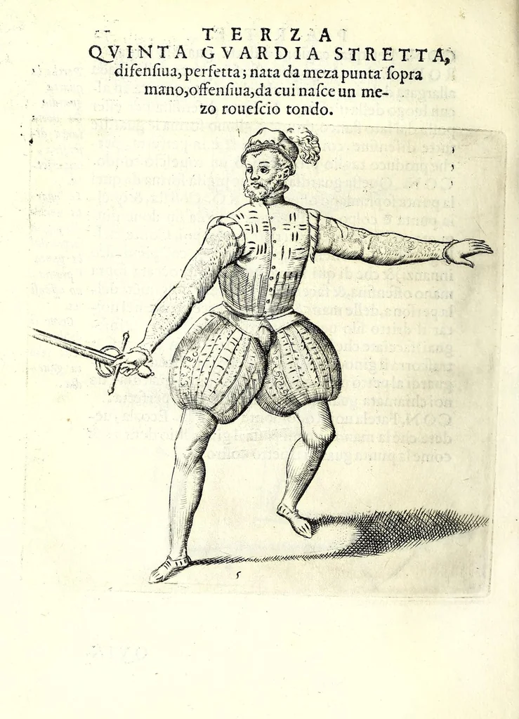 An illustration from Trattato dello schermo d'Angelo Vizani dal Montone bolognese : nel quale discorre intorno all'eccellenza dell'armi, & delle lettere, & intorno all'offesa, & difesa : et insegna vno schermo di spada sola sicuro, e singolare : con vna tauola copiosissma, 1588, leaf 174