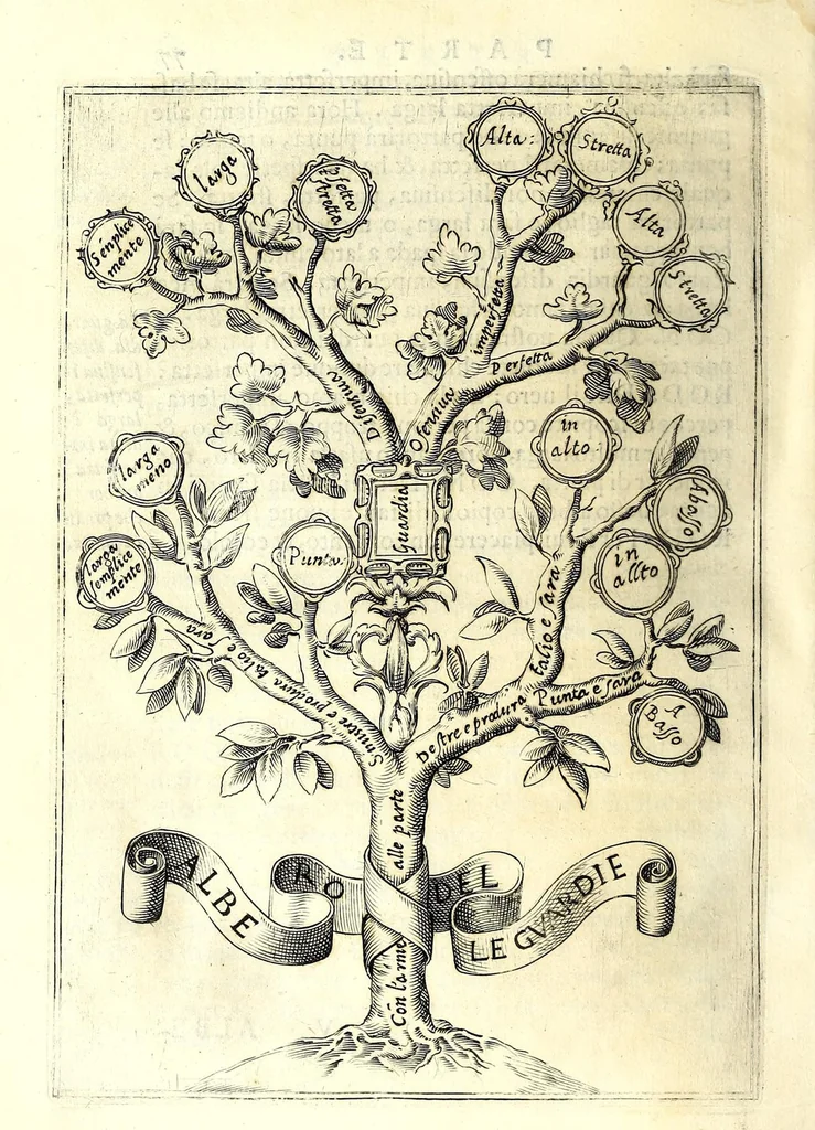 An illustration from Trattato dello schermo d'Angelo Vizani dal Montone bolognese : nel quale discorre intorno all'eccellenza dell'armi, & delle lettere, & intorno all'offesa, & difesa : et insegna vno schermo di spada sola sicuro, e singolare : con vna tauola copiosissma, 1588, leaf 184