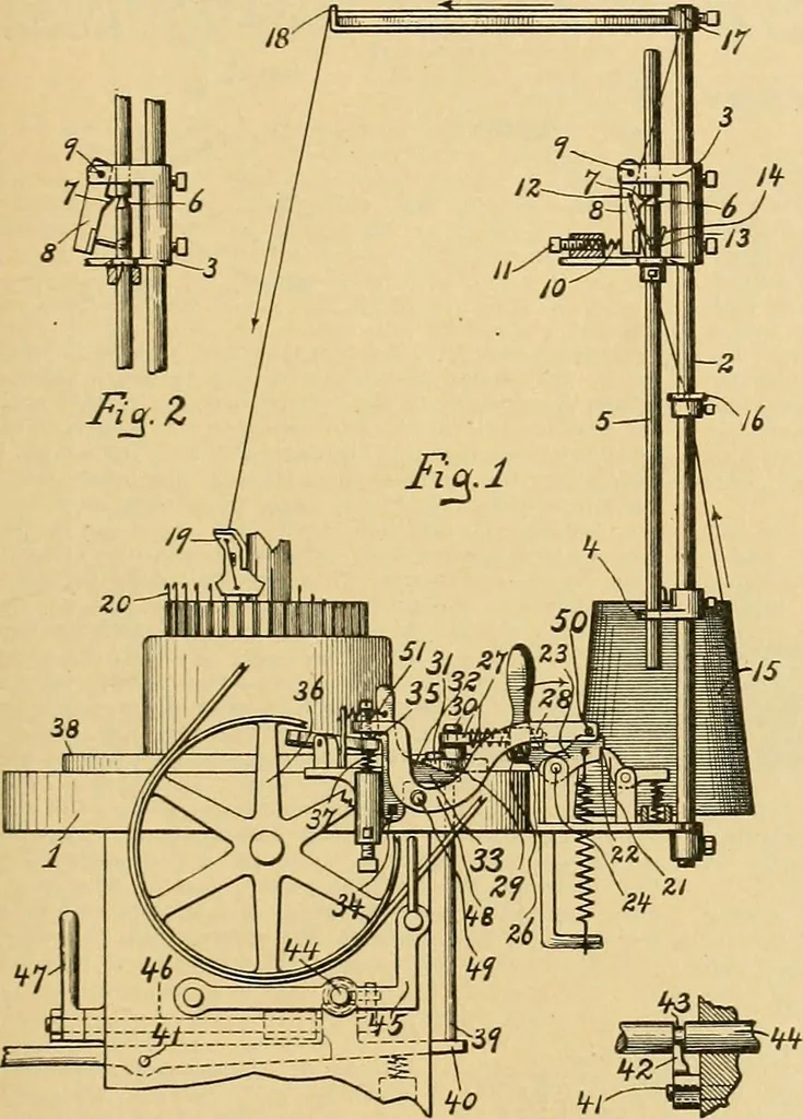 An illustration from A treatise, giving a thorough description of the properties and supply of the fibres, as well as the various processes required for converting wool, cotton, silk from fibre to finished goods, covering both woven and knit goods ... construction of the most modern improvements to preparatory machinery ... accessories relating to construction and equipment of modern textile manufacturing plants .., 1895, leaf 222
