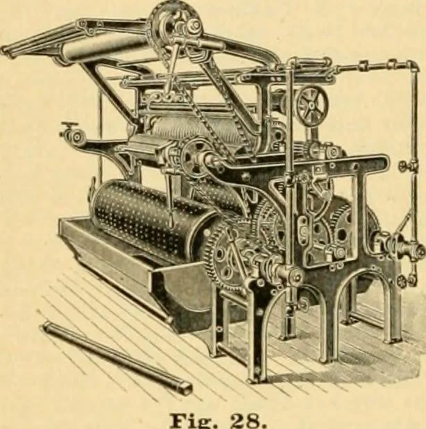 An illustration from A treatise, giving a thorough description of the properties and supply of the fibres, as well as the various processes required for converting wool, cotton, silk from fibre to finished goods, covering both woven and knit goods ... construction of the most modern improvements to preparatory machinery ... accessories relating to construction and equipment of modern textile manufacturing plants .., 1895, leaf 335