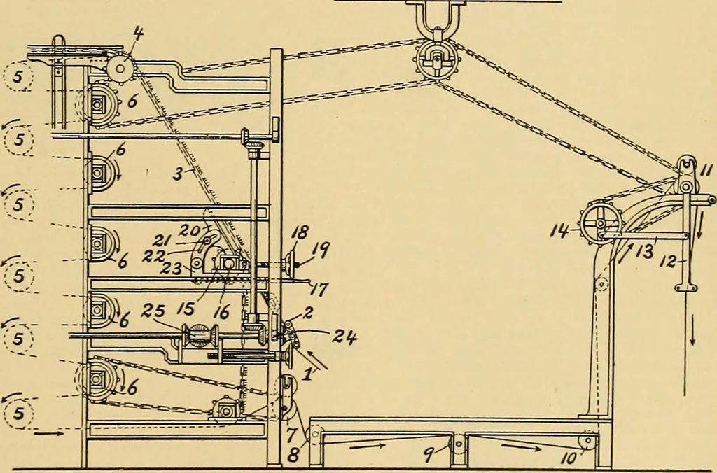 An illustration from A treatise, giving a thorough description of the properties and supply of the fibres, as well as the various processes required for converting wool, cotton, silk from fibre to finished goods, covering both woven and knit goods ... construction of the most modern improvements to preparatory machinery ... accessories relating to construction and equipment of modern textile manufacturing plants .., 1895, leaf 336