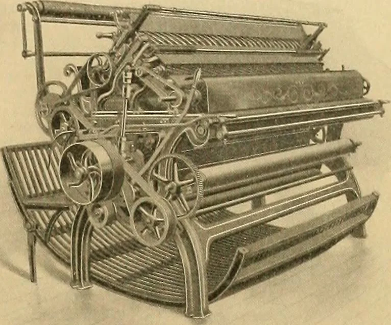 An illustration from A treatise, giving a thorough description of the properties and supply of the fibres, as well as the various processes required for converting wool, cotton, silk from fibre to finished goods, covering both woven and knit goods ... construction of the most modern improvements to preparatory machinery ... accessories relating to construction and equipment of modern textile manufacturing plants .., 1895, leaf 338