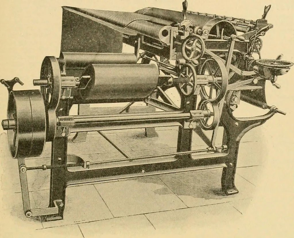 An illustration from A treatise, giving a thorough description of the properties and supply of the fibres, as well as the various processes required for converting wool, cotton, silk from fibre to finished goods, covering both woven and knit goods ... construction of the most modern improvements to preparatory machinery ... accessories relating to construction and equipment of modern textile manufacturing plants .., 1895, leaf 360
