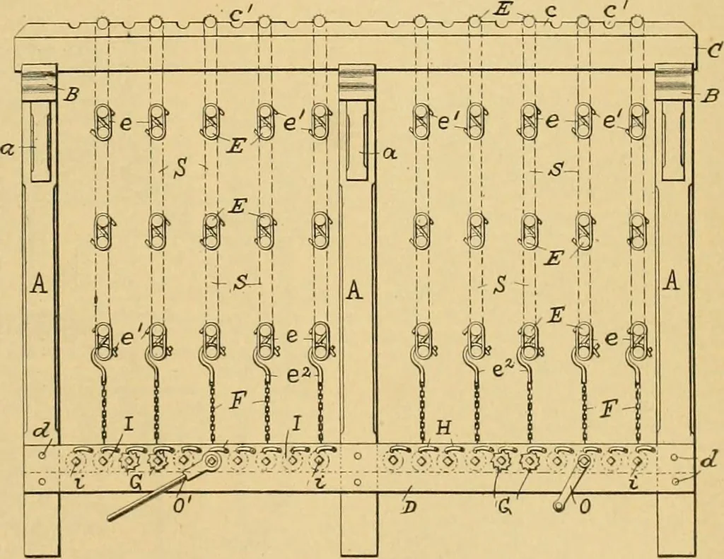 An illustration from A treatise, giving a thorough description of the properties and supply of the fibres, as well as the various processes required for converting wool, cotton, silk from fibre to finished goods, covering both woven and knit goods ... construction of the most modern improvements to preparatory machinery ... accessories relating to construction and equipment of modern textile manufacturing plants .., 1895, leaf 388