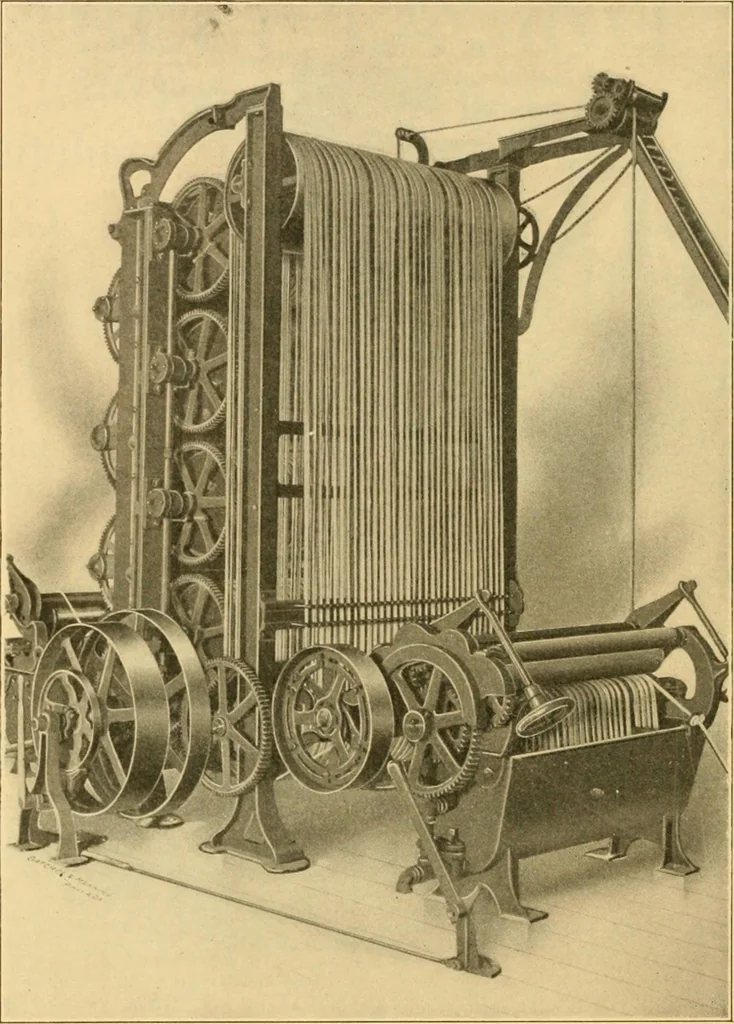 An illustration from A treatise, giving a thorough description of the properties and supply of the fibres, as well as the various processes required for converting wool, cotton, silk from fibre to finished goods, covering both woven and knit goods ... construction of the most modern improvements to preparatory machinery ... accessories relating to construction and equipment of modern textile manufacturing plants .., 1895, leaf 457