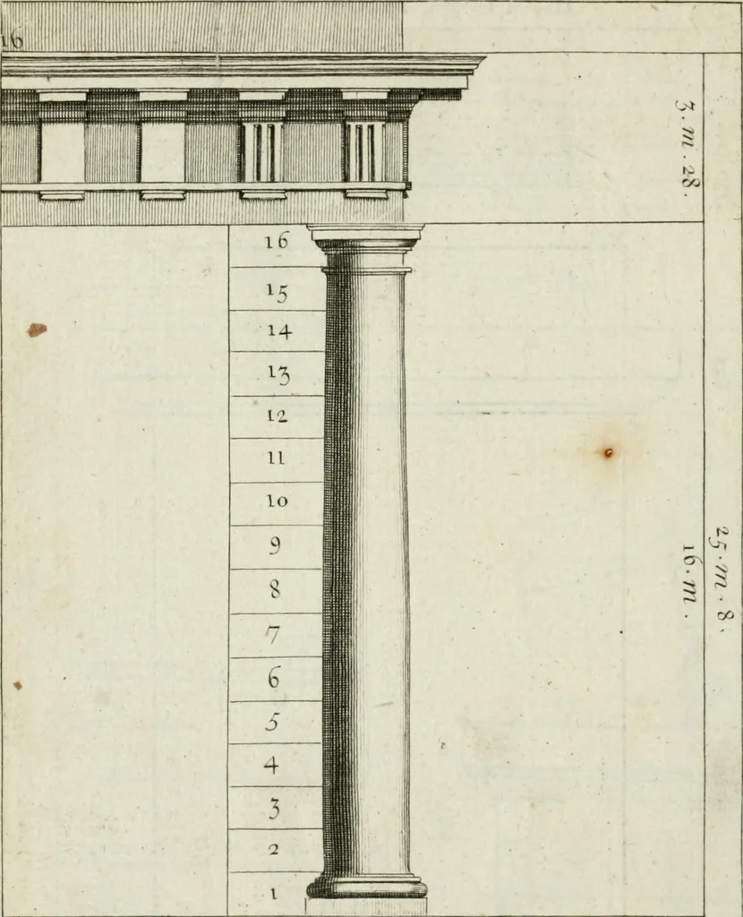 An illustration from A treatise of architecture, with remarks and observations : necessary for young people, who would apply themselves to that noble art, 1732, leaf 185