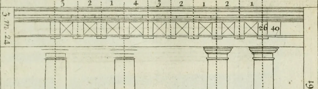An illustration from A treatise of architecture, with remarks and observations : necessary for young people, who would apply themselves to that noble art, 1732, leaf 186