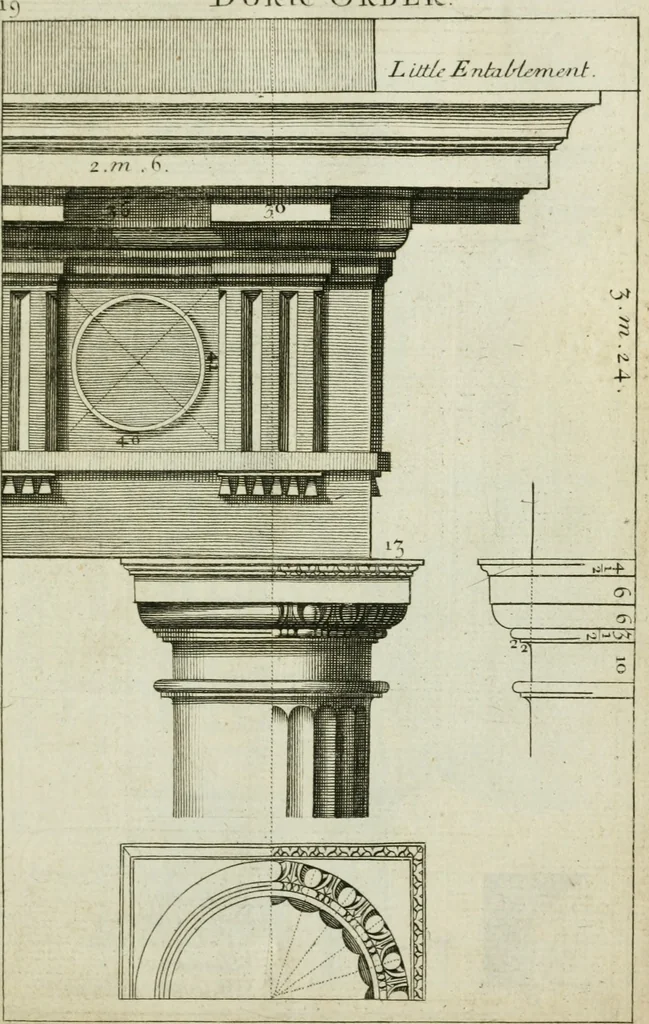 An illustration from A treatise of architecture, with remarks and observations : necessary for young people, who would apply themselves to that noble art, 1732, leaf 188