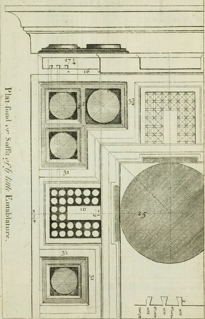 An illustration from A treatise of architecture, with remarks and observations : necessary for young people, who would apply themselves to that noble art, 1732, leaf 190
