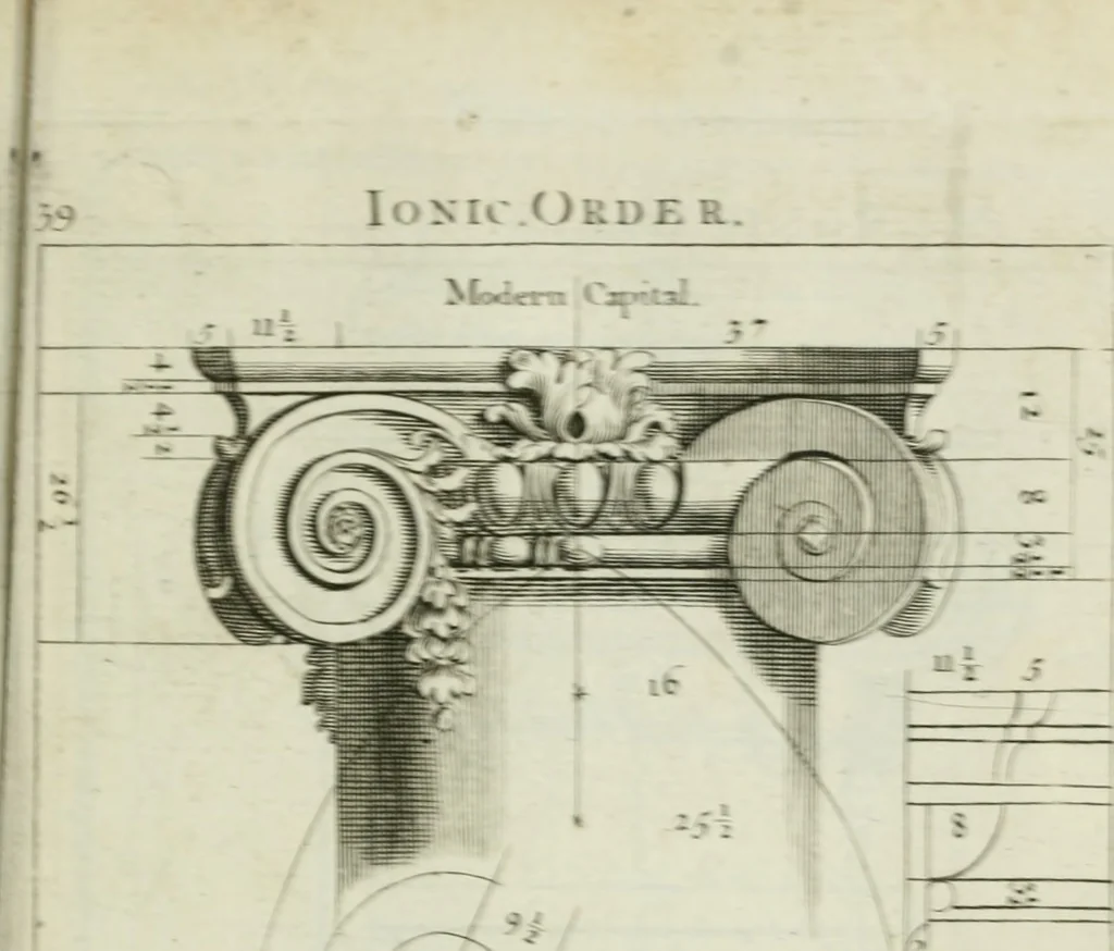 An illustration from A treatise of architecture, with remarks and observations : necessary for young people, who would apply themselves to that noble art, 1732, leaf 208