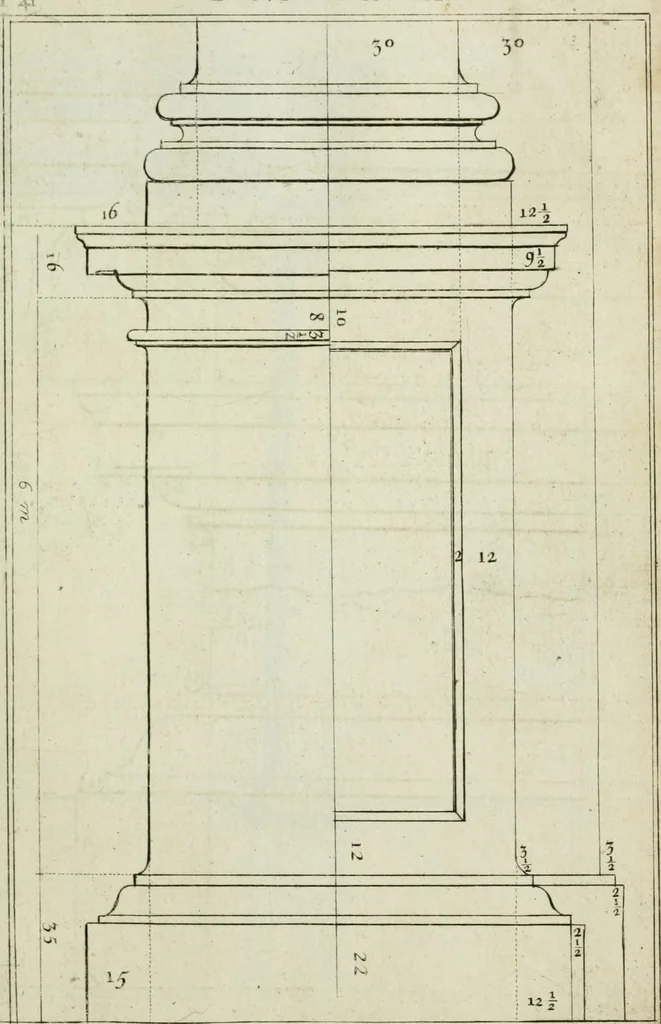 An illustration from A treatise of architecture, with remarks and observations : necessary for young people, who would apply themselves to that noble art, 1732, leaf 210