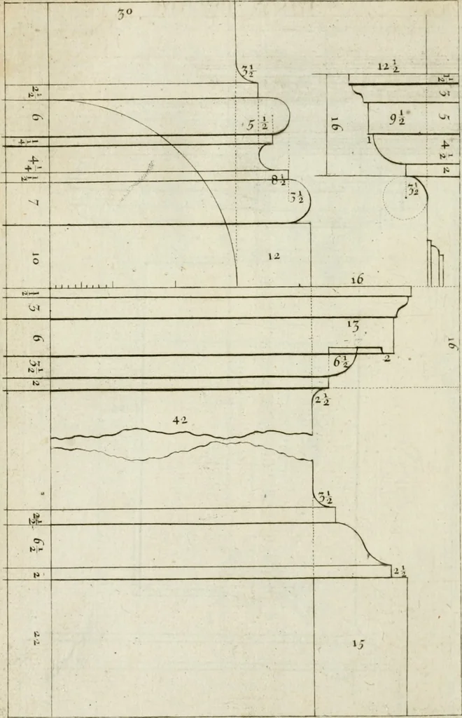 An illustration from A treatise of architecture, with remarks and observations : necessary for young people, who would apply themselves to that noble art, 1732, leaf 211