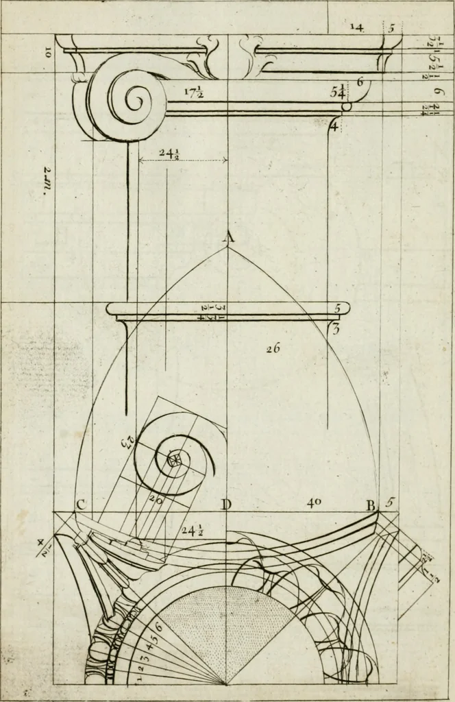 An illustration from A treatise of architecture, with remarks and observations : necessary for young people, who would apply themselves to that noble art, 1732, leaf 215
