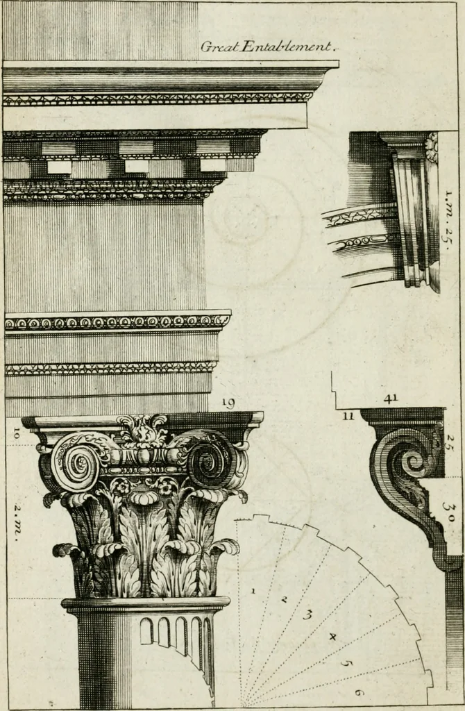 An illustration from A treatise of architecture, with remarks and observations : necessary for young people, who would apply themselves to that noble art, 1732, leaf 217