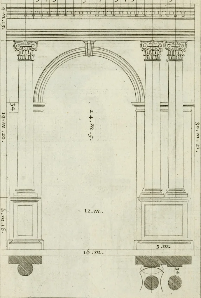An illustration from A treatise of architecture, with remarks and observations : necessary for young people, who would apply themselves to that noble art, 1732, leaf 219