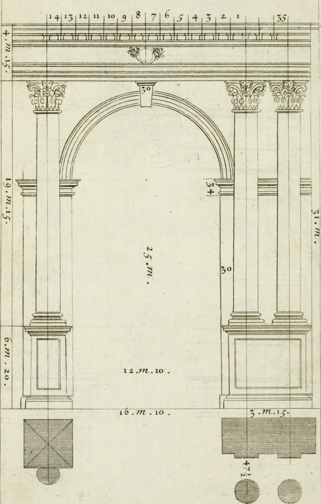 An illustration from A treatise of architecture, with remarks and observations : necessary for young people, who would apply themselves to that noble art, 1732, leaf 227