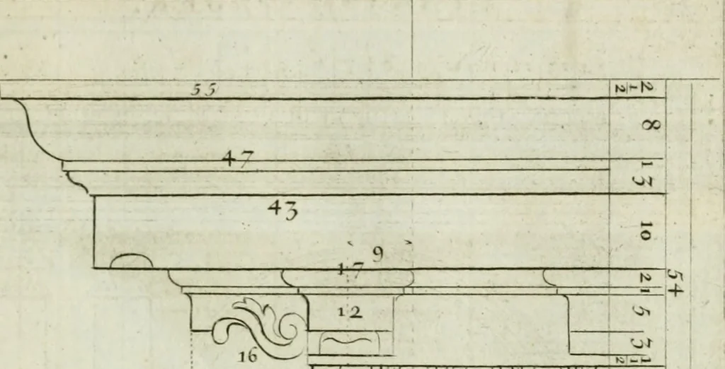 An illustration from A treatise of architecture, with remarks and observations : necessary for young people, who would apply themselves to that noble art, 1732, leaf 228