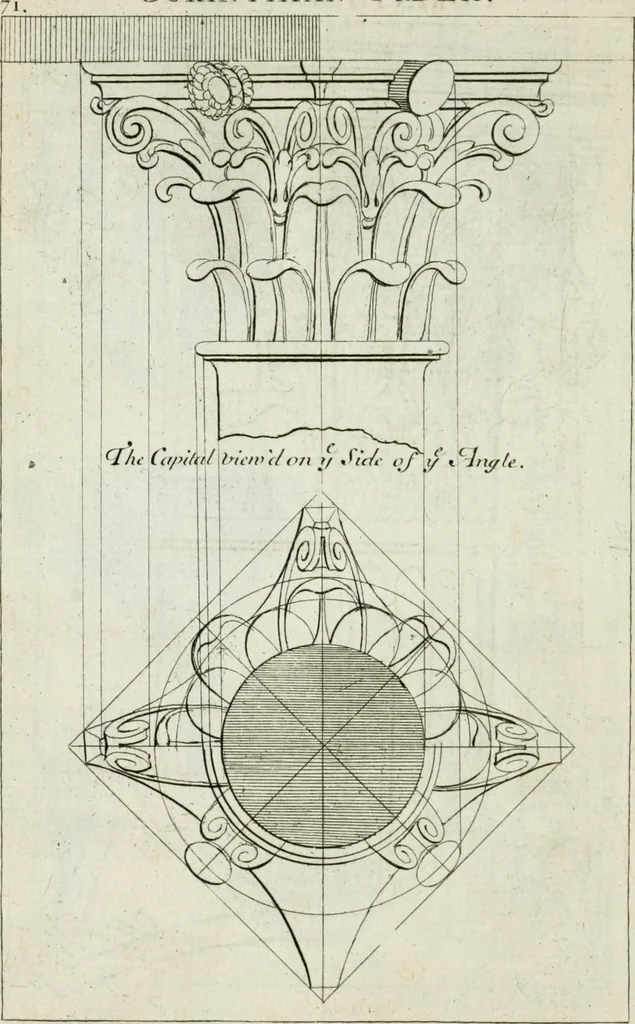 An illustration from A treatise of architecture, with remarks and observations : necessary for young people, who would apply themselves to that noble art, 1732, leaf 241