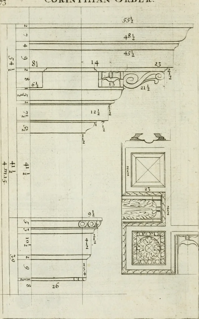 An illustration from A treatise of architecture, with remarks and observations : necessary for young people, who would apply themselves to that noble art, 1732, leaf 243