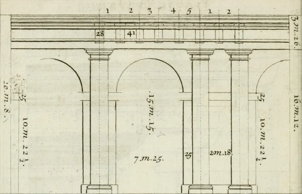 An illustration from A treatise of architecture, with remarks and observations : necessary for young people, who would apply themselves to that noble art, 1732, leaf 255