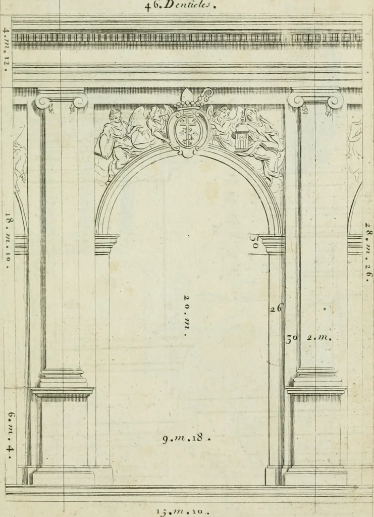 An illustration from A treatise of architecture, with remarks and observations : necessary for young people, who would apply themselves to that noble art, 1732, leaf 262